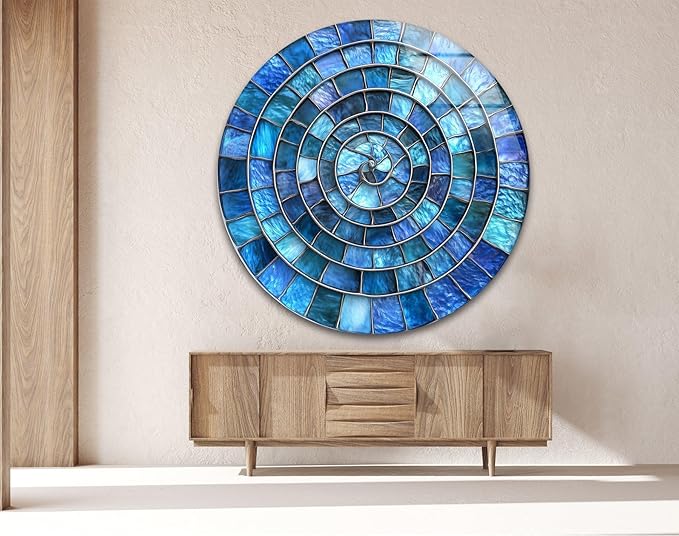 My Photostation.com 24''(60cm) Diameter Blue Aqua Spiral Harmony Round Glass Wall Art Tempered Glass Printing Wall Decor Large Wall Art Wall Hangings