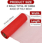 TONIFUL 2 Rolls 10 Inch Red Decorative Mesh Ribbbon Rolls, Fabric Mesh for Mesh Wreath Supplies, Front Door Wreath Crafts Tree Decor Christmas NewYears Halloween Decoration (10 yds/roll)