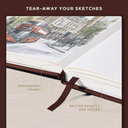 Beechmore Books A5 Sketch Book – 5.8"x8.3" Premium Vegan Leather Hardcover Sketchbook, 96 Thick 300gsm Perforated Ivory Pages, Ideal for Sketching, Watercolor & Mixed Media, Includes Back Pocket