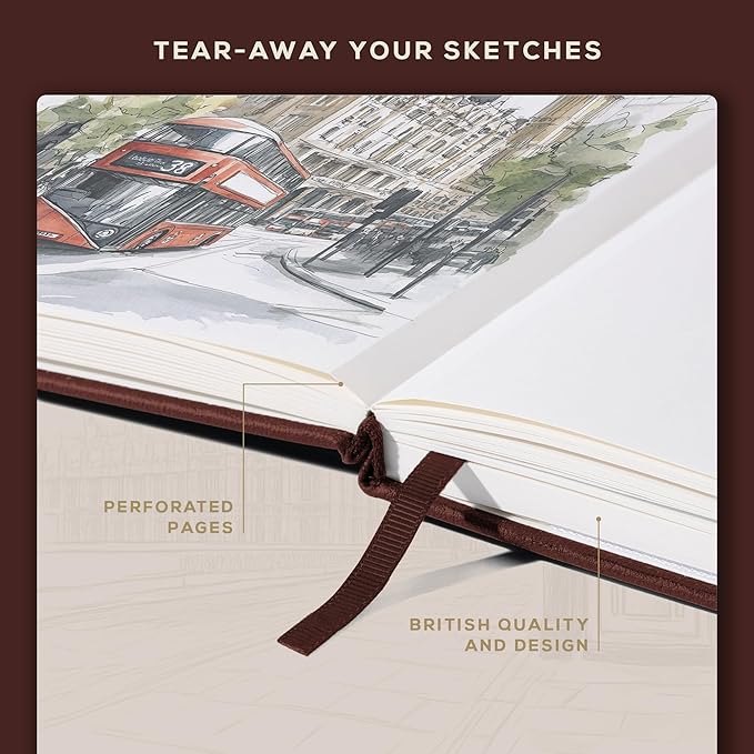 Beechmore Books A5 Sketch Book – 5.8"x8.3" Premium Vegan Leather Hardcover Sketchbook, 96 Thick 300gsm Perforated Ivory Pages, Ideal for Sketching, Watercolor & Mixed Media, Includes Back Pocket