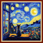 Joyhoor Cross Stitch Kits for Beginners Stamped Cross-Stitch Supplies Needlework preprint Embroidery Kits for Adults DIY Needlepoint Kits Embroidery Patterns 11CT-Cat Watch Van Gogh Stars 18x18 inch