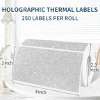2" x 4" Glitter Silver Thermal Label Stickers,Waterproof Thermal Printer Sticker Labels for Gift Wrapping, Self-Adhesive Name Price Tag DIY Custom Logo Design (250 pcs,Silver)