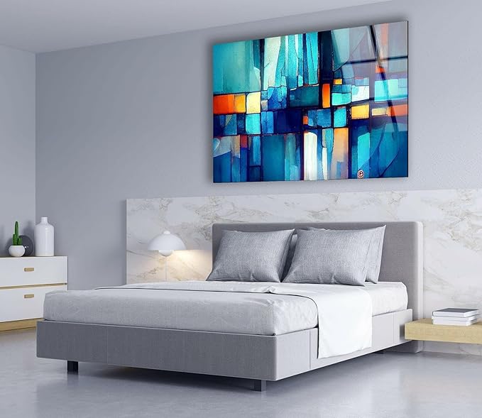 My Photostation.com 60WX40H'' Blue Vibrant Stained Glass Wall ArtTempered Glass Printing Wall Decor Large Wall Art Wall Hangings
