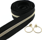 Leekayer #5 Metallic Nylon Coil Zippers by The Yard Bulk 10 Yards Black Zipper Tape with 25pcs Gold Ring Pull Sliders for DIY Sewing Tailor Craft Bag(Black Gold)