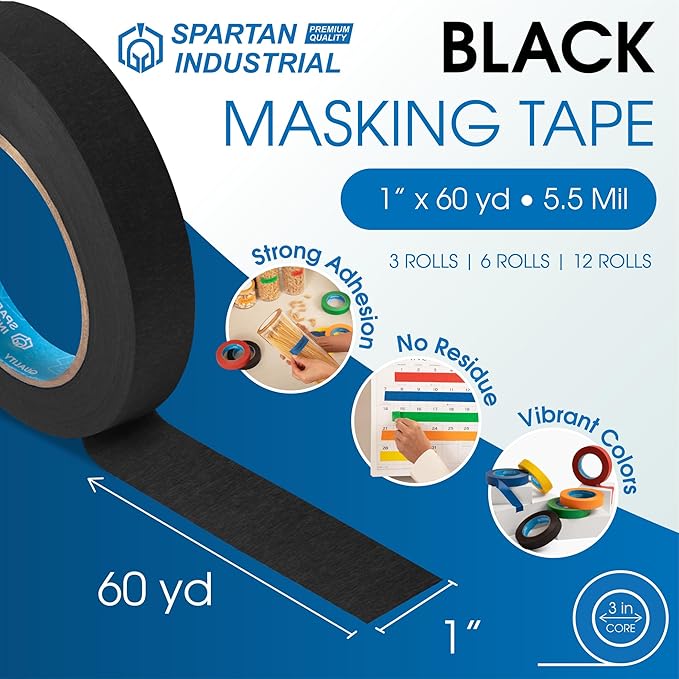 Spartan Industrial - 1" X 60 yd Black Masking Tape - 12 Colored Tape Rolls for Bundling, Labeling, and More - No Residue, 5.5 Mil