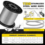 316 Stainless Steel Cable, 1000FT 1/32IN Wire Rope 7 * 7 Strand with 250Pcs Aluminum Sleeves Stops, Guide Wire for Outdoor String Lights for String Lights Hanging, Clotheslines, Trellis (1000FT)