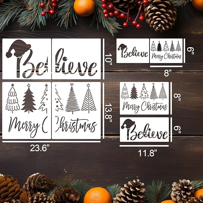 Merry Christmas Stencils for Crafts Reusable Christmas Stencils for Door Mats Believe Holiday Stencil for Painting on Wood Fabrics Porch Hanger Decor