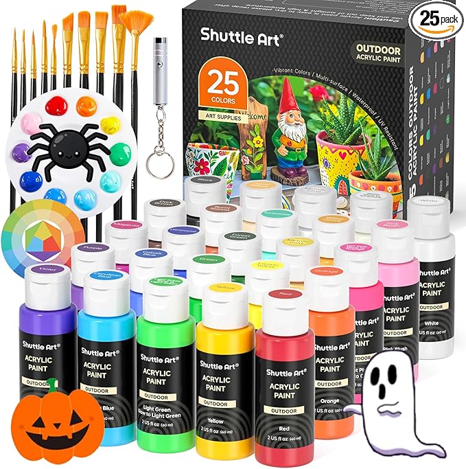 Shuttle Art 25 Colors Outdoor Acrylic Paint Set, 2oz/60ml Waterproof Acrylic Paint with 10 Brushes 1 Palette, Rich Pigmented Paints for Artists, Beginners on Rocks, Wood Crafts, Garden Statues