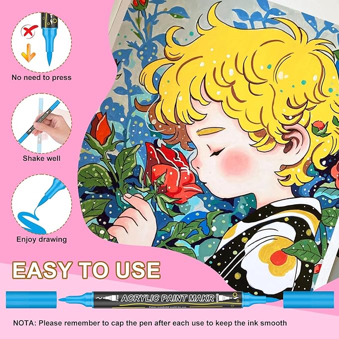 72 Colors Dual Tip Acrylic Paint Markers，Waterproof, Non-Toxic, Odorless Acrylic Markers Pens，Paint Pens & Paint Markers for Rock, Wood, Glass, Stone, Canvas, Ceramic, Fabric and Paper Painting
