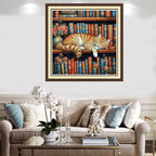Findvoor Counted Cross Stitch Kits for Adults Full Range of Cross Stitching Embroidery Unprinted Pattern for Beginners, 11CT Needlepoint Kit Patterns Embroidery Kits-Cat Sleeping Bookshelf 18x18 inch