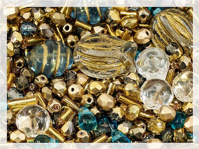 2.1oz (60 g) Mix of Unique Czech Bohemia Glass Pressed Beads, Rocailles, Aztec Pale Gold Crystal, Matte and Glossy, Hand Made BCV