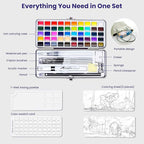 Watercolor Paint Set, 50 Colors, 4 Brushes, 3 Swatch Cards, Palette, Acrylic Marker Pen, and Accessories Included, All in One Portable Travel Watercolor Kit, Art Supplies Gift for Kids, Adults, Artists, and Hobbyists