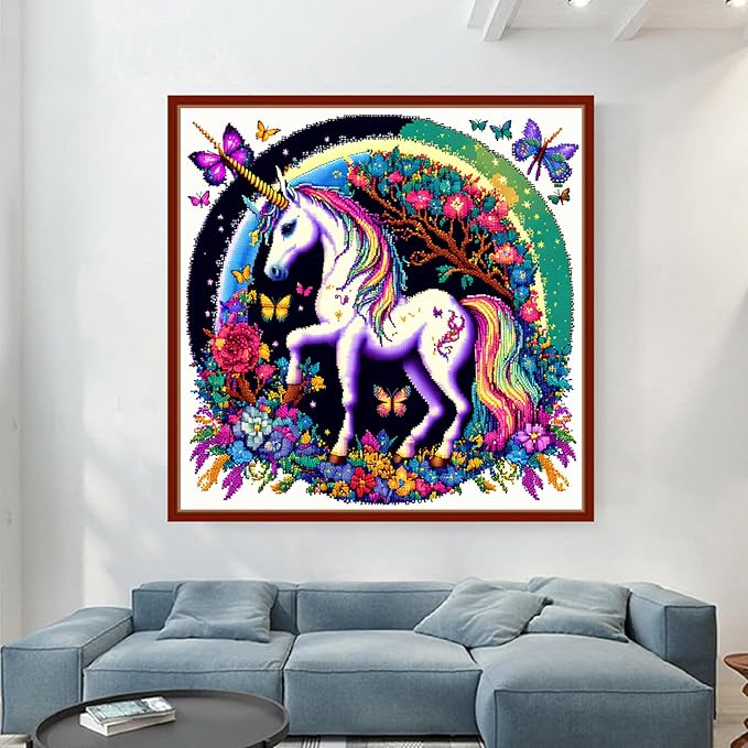 Dimensean Stamped Cross Stitch Kits Full Range of Embroidery Patterns Starter Kits for Beginners Adult or Kids DIY Cross Stitches Needlepoint Kits 11CT-Unicorn Flowers 17.7x17.7 inch