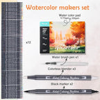 Watercolor Pens Set, 72-Color Dual Tip Paint Markers, Water-Based Coloring Pens with 1 Aquapen, 3 Colorless Blenders, 2 Black Markers, and 12-Page Pad, Art Supplies for Artists and Beginners