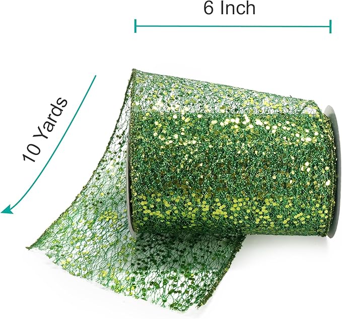 CT CRAFT LLC Sparkling Glitter Mesh Wired Ribbon 6" x 10 Yards Green for Christmas Home Decor Bow Gift Wrapping DIY Crafts Wreath