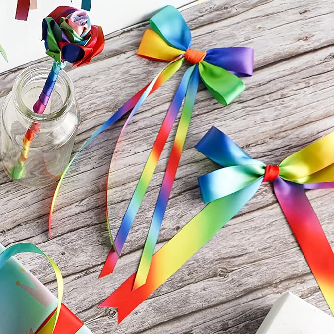 MEEDEE Satin Rainbow Ribbon 1 Inch - 25 Yards for Gift Wrapping, Birthday, Pride Party Decoration, Handmade Bows, DIY Crafts - Neon Color