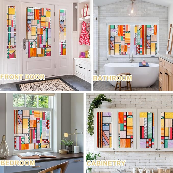 3D Stained Glass Window Privacy Film, Heat Control UV Blocking Static Cling Decorative Window Film for Bathroom,Front Door,Home Non Adhesive,16.9 x 78.7 inches Autumn Reverie
