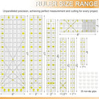 Quilting Ruler, Sewing Ruler, 8 Pack, Acrylic Quilting Templates(6"x17", 3"x17", 2"x16", 1.5"x12", 1"x12", 1"x6", 8"x3"), Non Slip Rings 25 Pieces, Sewing and Quilting Supplies - Clear/Yellow