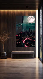 SpiritualHands Moon And City Glass Wall Art Painting for Living Room, Tempered Glass Modern Prints Decor, Large Vivid Color Panel for Bedroom, Kitchen, or Office