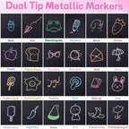 24 Pack Metallic Markers, Dual Tip Glitter Pens for Black Paper & Rock Painting Metallic Acrylic Paint Markers for DIY Crafts, Scrapbooking, Glass, Wood, Cards Alcohol Based Quick Dry Ink