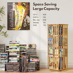 XIMN 360° Rotating Bamboo CD/DVD Shelf - 6-Tier Space-Saving Media Storage Cabinet for Movies, Organizer with Super Compact Design (Nature, 4 Tier)