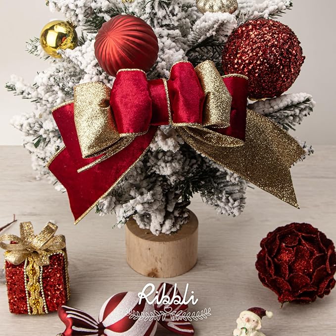 Ribbli Red Velvet Wired Ribbon 2.5 Inch Red Velvet with Gold Glitter Christmas Ribbon for Christmas Tree Decoration Big Bow Gift Wrapping Crafts Wreaths Supplies- 10 Yards