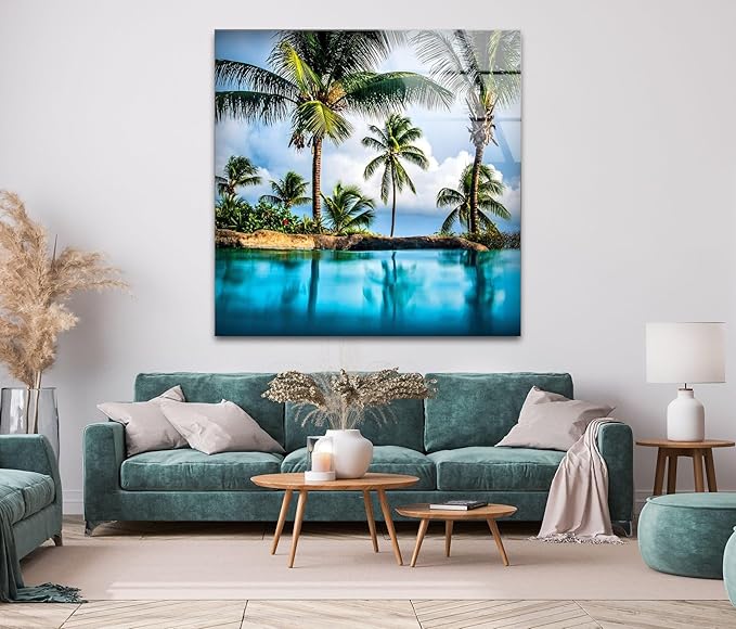My Photostation.com 35.5Wx30H'' Island & Blue Sea Glass Wall ArtTempered Glass Printing Wall Decor Large Wall Art Wall Hangings