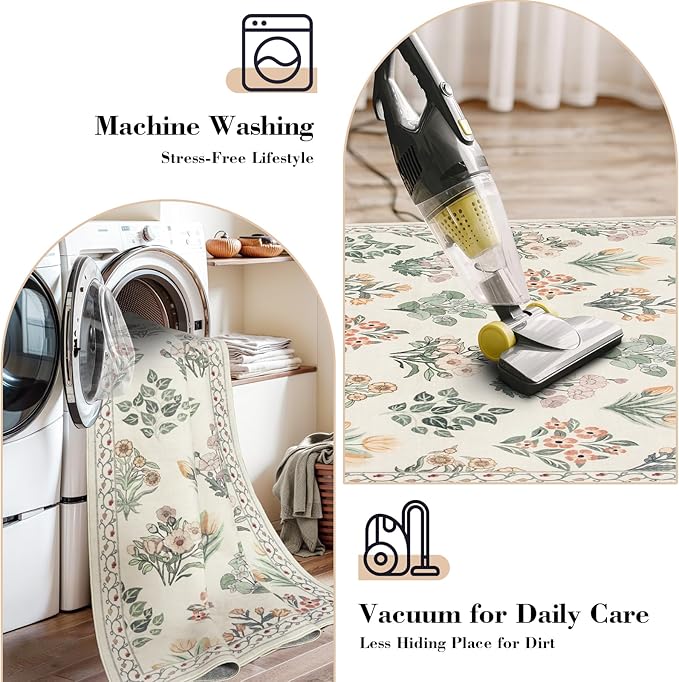 Wonnitar Floral Washable 8X10 Area Rugs, Soft Large Rugs for Living Room, 8 x 10 Low Pile Non Slip Moroccan Bedroom Carpets for Nursery Kids Room Decor Dining Room, Cream Beige