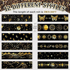 Whaline 12 Rolls Gold Foil Galaxy Washi Tape Black Gold Sun Moon Star Masking Tape Set Decorative Wrapping Paper Tapes for Scrapbook Journal DIY Art Crafts