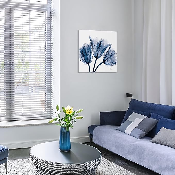 Empire Art Direct - TMP-AK011A-2424 Blue Tulip X-Ray Flower Wall Art on Frameless Free Floating Tempered Glass Panel Ready to Hang, Living Room, Bedroom ＆ Office, 24" x 24" x 0.2"