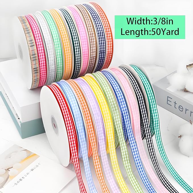 Classic Gingham Checkered Ribbon, Assorted Colors Premium Polyster Plaid Checkered Craft Ribbon for Gift Wrapping, DIY Projects, Hair Bows,Scrapbooking & Party Decor (Light Pink, 3/8x50Yd)
