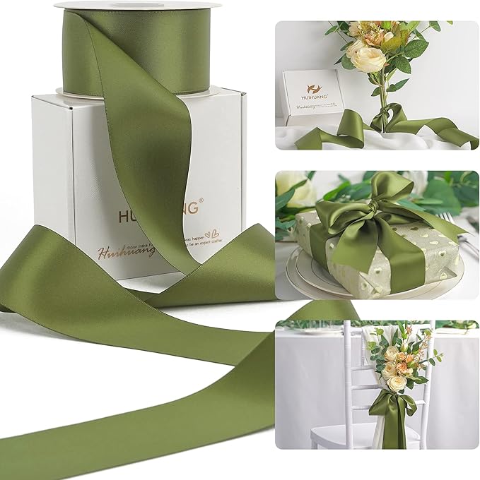 HUIHUANG Moss Green Ribbon 2 inch Double Face Green Satin Ribbon Olive Green Ribbon for for Flower Bouquet Wrap, Wedding Invitations Card, Gift Wrapping, Holiday Decor, Bows Crafts -25 Yards/Roll