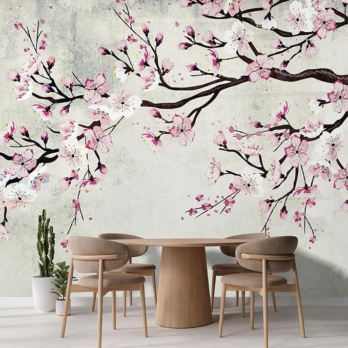 wall26 Large Wall Mural Watercolor Style Ink Painting Pink Cherry Blossom on Vintage Wall Background | Self-Adhesive Vinyl Wallpaper/Removable Modern Wall Decor - 108x168 inches