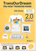 TransOurDream Heat Iron on Transfer Paper for Light T Shirts (500 Sheets, 8.5x11", 2.0) Printable HTV Heat Transfers Vinyl for Inkjet Printer, Iron on Transfers for Light Fabric