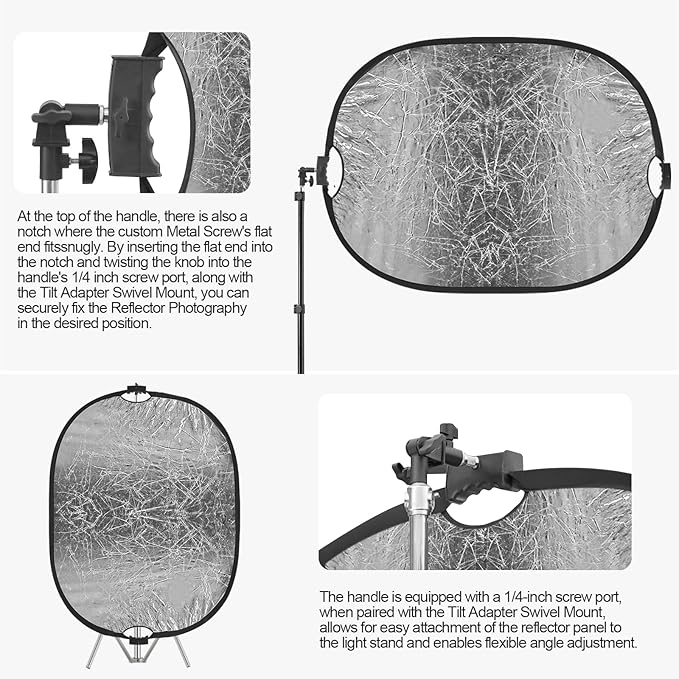 WELLMAKING 35''x47'' (90x120cm) Reflector Photography with Threaded Handle, Collapsible Light Reflector with Bag & tilt Adapter, 5in1 Reflector for Studio - Translucent, Silver, Gold, White and Black