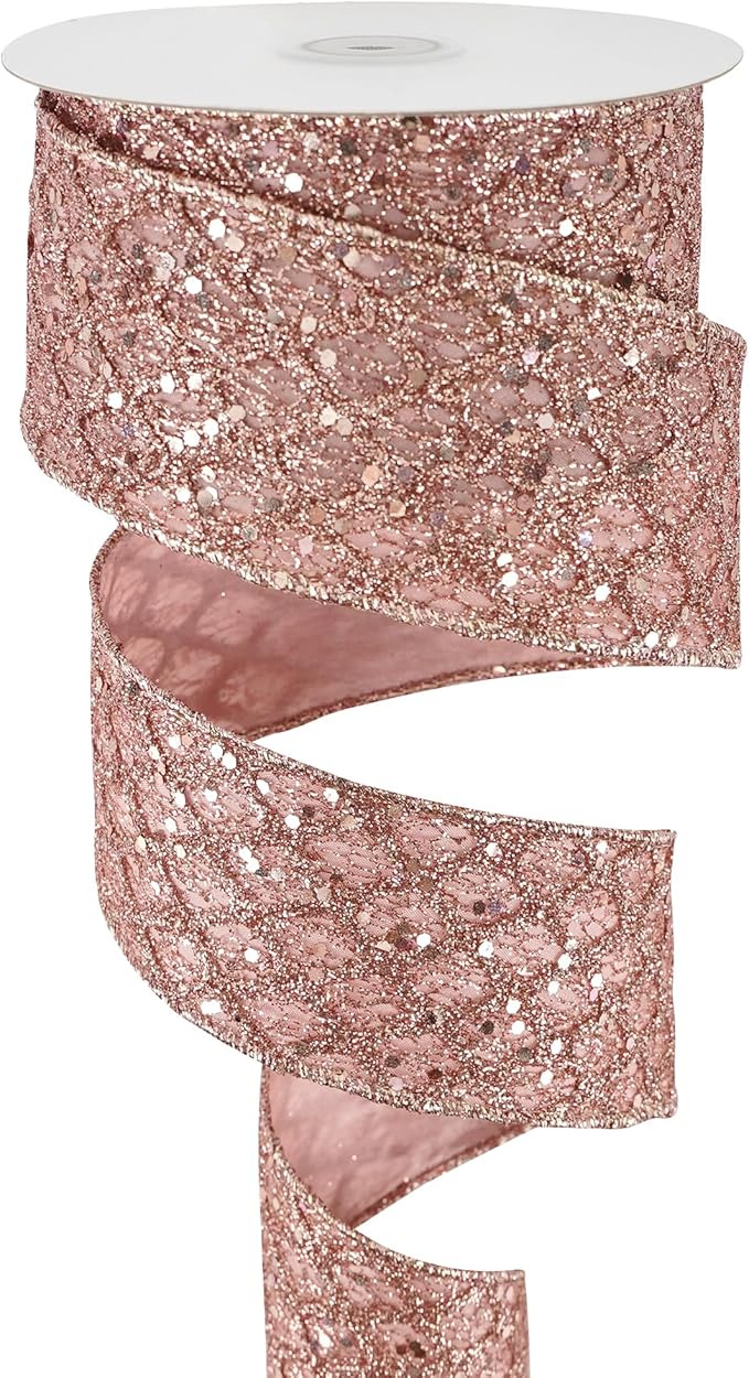 HUIHUANG Rose Gold Glitter Wired Ribbon for Christmas Tree 2.5 inch Rose Gold Diamond Mesh Ribbon for Tree Decoration, Wreaths, Garland, Gift Wrapping, Bows Making, Home Decor -10 Yards