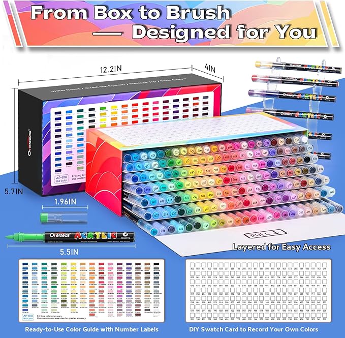 Overseas Acrylic Paint Markers 168 Colors, Brush Tip Paint Pens with Automatic Ink Control System, Quick Drying Liquid Ink Acrylic Marker for Rock, Wood, Canvas, Glass, Fabric, Metal, Plastic, Rubber