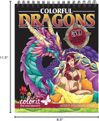 ColorIt Colorful Dragons Adult Coloring Book, Volume I - 50 Single-Sided Designs, Thick Smooth Paper, Lay Flat Hardback Covers, Spiral Bound, Dragon Coloring Pages