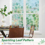 rabbitgoo Rainbow Window Privacy Film Decorative Stained Glass Diamond Pattern Window Sticker with Iridescent Tint Non-Adhesive Static Cling for Home Office Bathroom, Green Leaf 35.4 x 78.7 inch