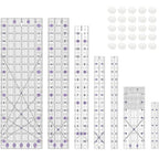 Quilting Ruler, Sewing Ruler, 8 Pack, Acrylic Quilting Templates(6"x17", 3"x17", 2"x16", 1.5"x12", 1"x12", 1"x6", 8"x3"), Non Slip Rings 25 Pieces, Sewing and Quilting Supplies - Clear/Purple