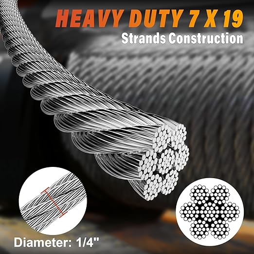 Stainless Steel Cable for Railing - 100FT 1/4" T316 Wire Rope with Clamps and Thimbles - 7 x 19 Strands 6700 LBS Breaking Strength for Outdoor Deck Railing Zipline