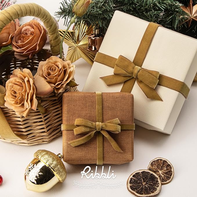 Ribbli Polyester Khaki Velvet Ribbon,3/8 Inches Continuous10-Yard Spool,Christmas Ribbon for Gift Wrapping,Floral Bouquets, Home Decor