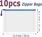 AUSTARK 10 Pcs Zipper File Bags, Waterproof Plastic Mesh Pouch for Office School, Board Game Storage Bags (B5 Size 11.4''x8.2'', White and Blue)