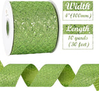 HUIHUANG Lime Green Glitter Wired Ribbon - 4 inch x 10 Yards (30 Feet) - Polyester Material - Perfect for Christmas, Halloween & More - Geometric Pattern - Wired Edges for Easy Shaping