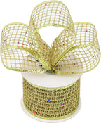 MEEDEE Gold Glitter Ribbon Gold Christmas Ribbon 2.5 Inch Square Mesh Net Wired Ribbon with Rainbow Sparkle Gold Wired Ribbon Gold Ribbon for Christmas Tree Decoration, Wreath Bow Making (10 Yards)