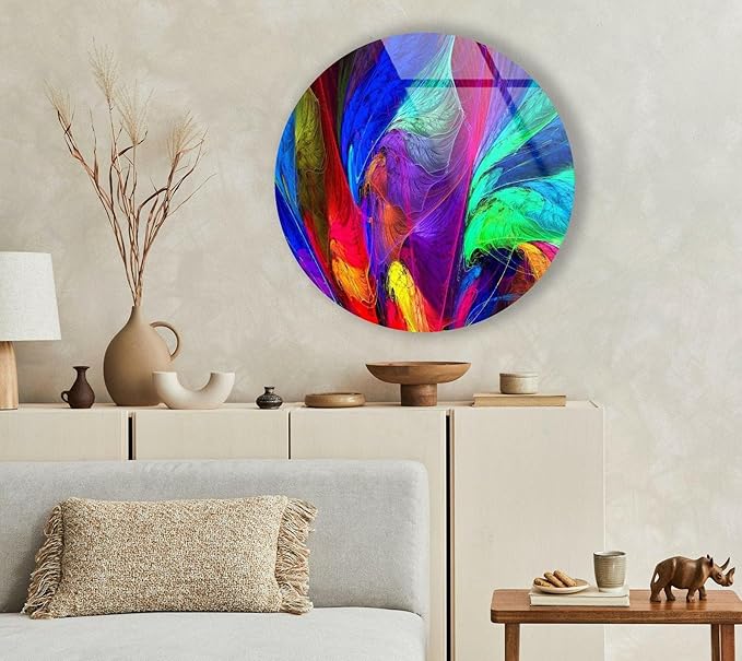 My Photostation.com 24''(60cm) Diameter Neon Colors Abstract Round Glass Wall Art Tempered Glass Printing Wall Decor Large Wall Art Wall Hangings