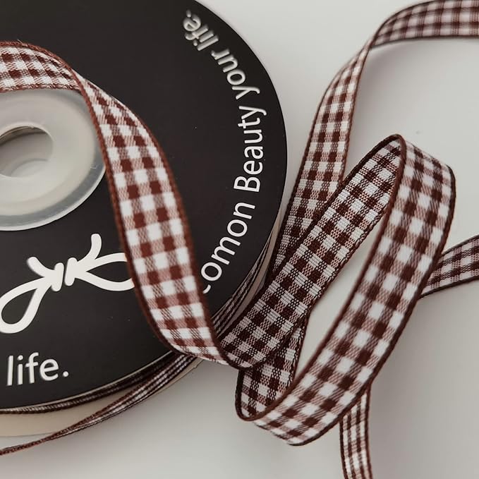 Brown Gingham Ribbon 25 Yards Christmas Ribbon for Crafts Plaid Checked Ribbon 100% Polyester (3/8", Brown)