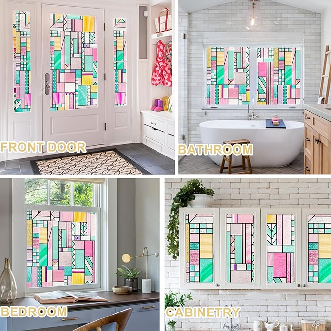 3D Stained Glass Window Privacy Film, Heat Control UV Blocking Static Cling Decorative Window Film for Bathroom,Front Door,Home Non Adhesive,16.9 x 39.3 inches Vibrant Reverie