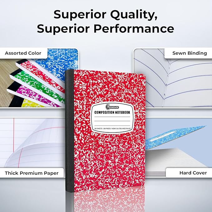 Rosmonde 1000 Pack (Pallet) Composition Notebooks Bulk, Wide Ruled, Pallet of Composition Notebooks, 200 Pages (100 Sheets), 9-3/4 x 7-1/2, Bulk Notebooks for School & Office, 4-7 Days Transit