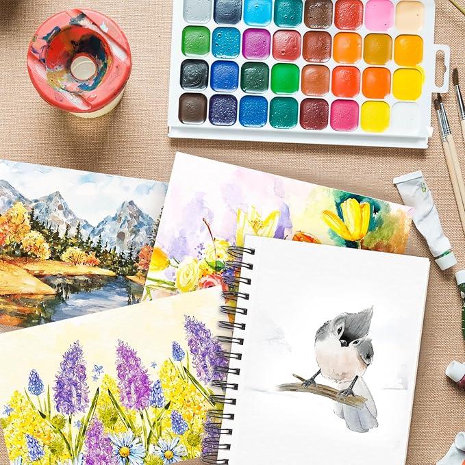 Funto Watercolor Pad 5.5x8.5, 3 Pack, 90 Sheets,140lb/300gsm, Double-Sided, Cold Press, Spiral Bound, Heavyweight Paper for Watercolor Painting